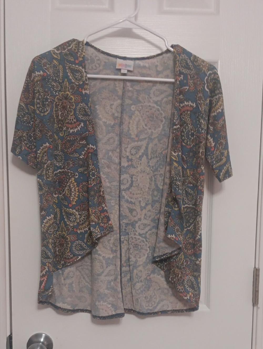 LuLaRoe Pastel Blue and Pink Paisley Open Cardigan